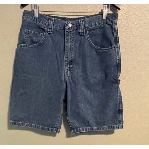 Wrangler Carpenter Jean Shorts Mens 33 Blue Denim Work Utility Pockets - Picture 1 of 5